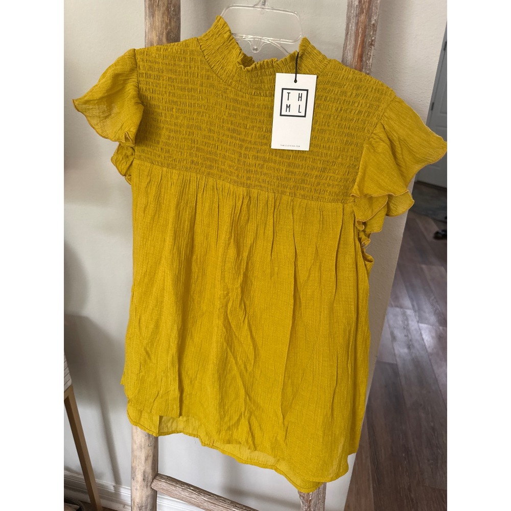 Womens THML blouse features a high ruffled neck and smocked detailing size S NWT - Picture 7 of 7